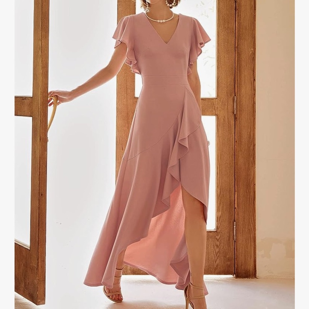 Miusol Women's Formal V Neck Ruffle Split Evening Party Long Dress